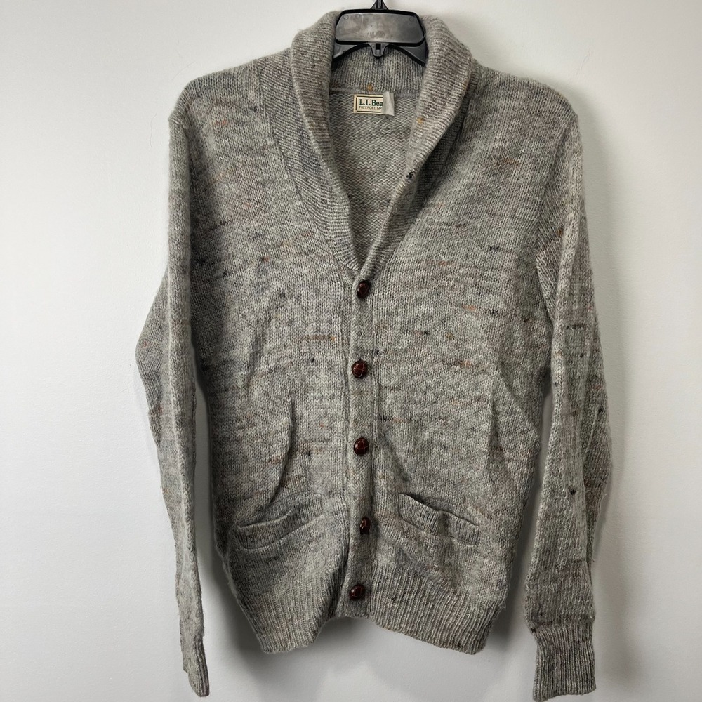 Vintage L.L.Bean Men's M 100% Wool Shawl Collar Cardigan Sweater Gray USA